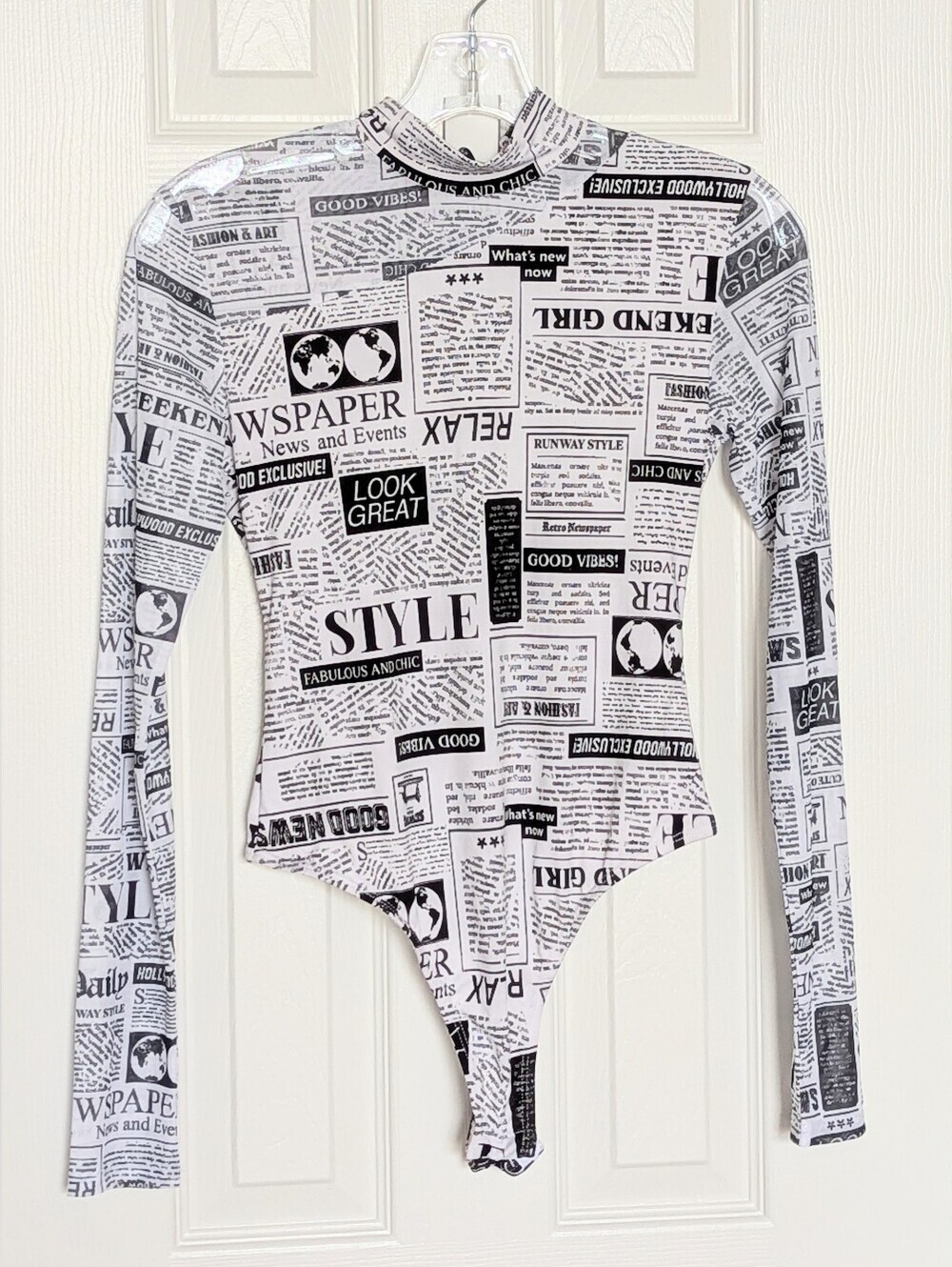 NWT Women's (Small) Sheer Mock-Neck Newspaper Print Long-Sleeve Bodysuit